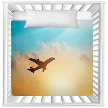 Airplane In The Clouds Sky In Sunset Pastel Color Nursery Decor 116667948