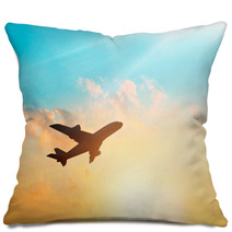 Airplane In The Clouds Sky In Sunset Pastel Color Pillows 116667948