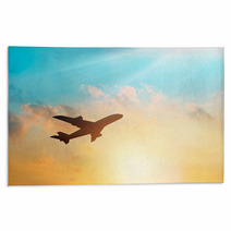 Airplane In The Clouds Sky In Sunset Pastel Color Rugs 116667948
