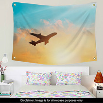 Airplane In The Clouds Sky In Sunset Pastel Color Wall Art 116667948
