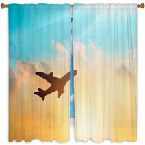 Airplane In The Clouds Sky In Sunset Pastel Color Window Curtains 116667948