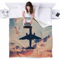 Airplane On Sunset Sky Jet Flying Airplane Blankets 170629954