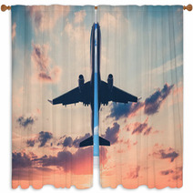 Airplane On Sunset Sky Jet Flying Airplane Window Curtains 170629954