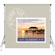 Alabama Postage Stamp Design Vector Illustration Of Gulf Coast With Fishing Pier Grunge Postmark On Separate Layer Backdrops 128199974