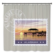 Alabama Postage Stamp Design Vector Illustration Of Gulf Coast With Fishing Pier Grunge Postmark On Separate Layer Bath Decor 128199974