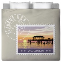 Alabama Postage Stamp Design Vector Illustration Of Gulf Coast With Fishing Pier Grunge Postmark On Separate Layer Bedding 128199974