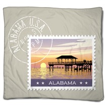 Alabama Postage Stamp Design Vector Illustration Of Gulf Coast With Fishing Pier Grunge Postmark On Separate Layer Blankets 128199974