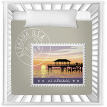 Alabama Postage Stamp Design Vector Illustration Of Gulf Coast With Fishing Pier Grunge Postmark On Separate Layer Nursery Decor 128199974