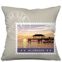 Alabama Postage Stamp Design Vector Illustration Of Gulf Coast With Fishing Pier Grunge Postmark On Separate Layer Pillows 128199974