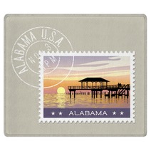 Alabama Postage Stamp Design Vector Illustration Of Gulf Coast With Fishing Pier Grunge Postmark On Separate Layer Rugs 128199974