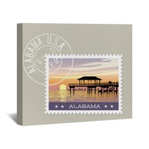 Alabama Postage Stamp Design Vector Illustration Of Gulf Coast With Fishing Pier Grunge Postmark On Separate Layer Wall Art 128199974