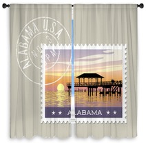 Alabama Postage Stamp Design Vector Illustration Of Gulf Coast With Fishing Pier Grunge Postmark On Separate Layer Window Curtains 128199974