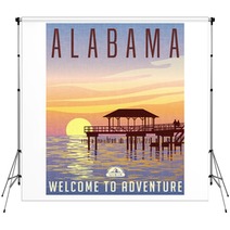 Alabama United States Travel Poster Or Luggage Sticker Scenic Illustration Of A Fishing Pier On The Gulf Coast At Sunset Backdrops 130310718
