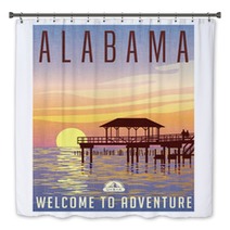 Alabama United States Travel Poster Or Luggage Sticker Scenic Illustration Of A Fishing Pier On The Gulf Coast At Sunset Bath Decor 130310718