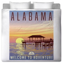 Alabama United States Travel Poster Or Luggage Sticker Scenic Illustration Of A Fishing Pier On The Gulf Coast At Sunset Bedding 130310718