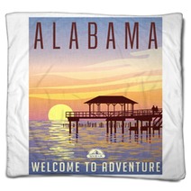 Alabama United States Travel Poster Or Luggage Sticker Scenic Illustration Of A Fishing Pier On The Gulf Coast At Sunset Blankets 130310718