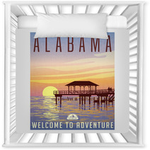 Alabama United States Travel Poster Or Luggage Sticker Scenic Illustration Of A Fishing Pier On The Gulf Coast At Sunset Nursery Decor 130310718