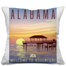 Alabama United States Travel Poster Or Luggage Sticker Scenic Illustration Of A Fishing Pier On The Gulf Coast At Sunset Pillows 130310718