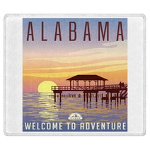 Alabama United States Travel Poster Or Luggage Sticker Scenic Illustration Of A Fishing Pier On The Gulf Coast At Sunset Rugs 130310718