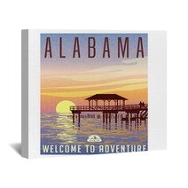 Alabama United States Travel Poster Or Luggage Sticker Scenic Illustration Of A Fishing Pier On The Gulf Coast At Sunset Wall Art 130310718