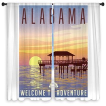 Alabama United States Travel Poster Or Luggage Sticker Scenic Illustration Of A Fishing Pier On The Gulf Coast At Sunset Window Curtains 130310718
