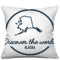 Alaska Map Outline Vintage Discover The World Rubber Stamp With Alaska Map Hipster Style Nautical Rubber Stamp With Round Rope Border Usa State Map Vector Illustration Pillows 115018576
