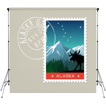 Alaska Postage Stamp Design Detailed Vector Illustration Of Scenic Mountain Landscape With Grunge Postmark On Separate Layer Backdrops 128199725