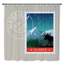 Alaska Postage Stamp Design Detailed Vector Illustration Of Scenic Mountain Landscape With Grunge Postmark On Separate Layer Bath Decor 128199725