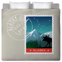 Alaska Postage Stamp Design Detailed Vector Illustration Of Scenic Mountain Landscape With Grunge Postmark On Separate Layer Bedding 128199725