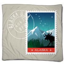 Alaska Postage Stamp Design Detailed Vector Illustration Of Scenic Mountain Landscape With Grunge Postmark On Separate Layer Blankets 128199725