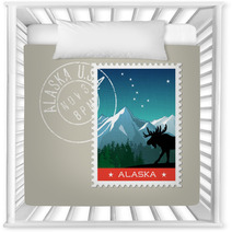 Alaska Postage Stamp Design Detailed Vector Illustration Of Scenic Mountain Landscape With Grunge Postmark On Separate Layer Nursery Decor 128199725