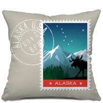 Alaska Postage Stamp Design Detailed Vector Illustration Of Scenic Mountain Landscape With Grunge Postmark On Separate Layer Pillows 128199725