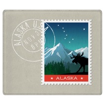 Alaska Postage Stamp Design Detailed Vector Illustration Of Scenic Mountain Landscape With Grunge Postmark On Separate Layer Rugs 128199725