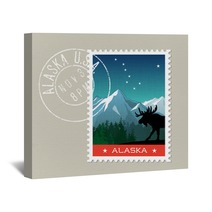 Alaska Postage Stamp Design Detailed Vector Illustration Of Scenic Mountain Landscape With Grunge Postmark On Separate Layer Wall Art 128199725