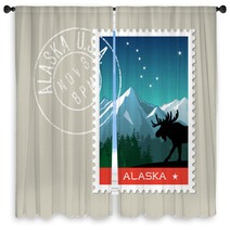 Alaska Postage Stamp Design Detailed Vector Illustration Of Scenic Mountain Landscape With Grunge Postmark On Separate Layer Window Curtains 128199725