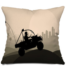All Terrain Vehicle Rider In Desert Skyscraper City Landscape Pillows 38316106