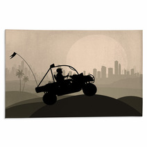 All Terrain Vehicle Rider In Desert Skyscraper City Landscape Rugs 38316106