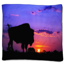 American Bison Silhouette Against Sunrise Blankets 59528624
