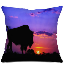 American Bison Silhouette Against Sunrise Pillows 59528624