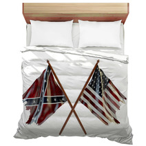 American Civil War And Merorial Day Concept Usa And Confederate Tattered Flags Isolated On White Background Bedding 93333149