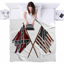 American Civil War And Merorial Day Concept Usa And Confederate Tattered Flags Isolated On White Background Blankets 93333149
