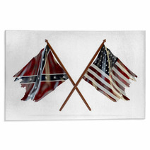 American Civil War And Merorial Day Concept Usa And Confederate Tattered Flags Isolated On White Background Rugs 93333149
