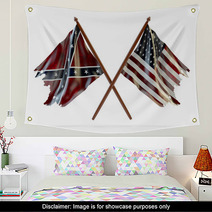 American Civil War And Merorial Day Concept Usa And Confederate Tattered Flags Isolated On White Background Wall Art 93333149
