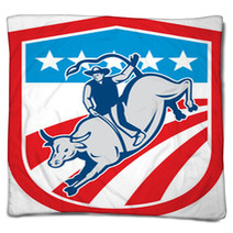 American Rodeo Cowboy Bull Riding Shield Retro Blankets 68186397