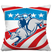 American Rodeo Cowboy Bull Riding Shield Retro Pillows 68186397