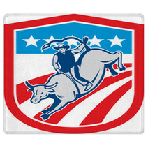 American Rodeo Cowboy Bull Riding Shield Retro Rugs 68186397