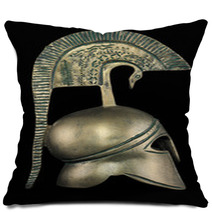Ancient Greek Helmet Replica On Black Background Pillows 47804924