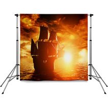 Ancient Pirate Ship Sailing On The Ocean At Sunset Backdrops 66004091
