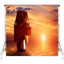 Ancient Pirate Ship Sailing On The Ocean At Sunset Backdrops 66004105