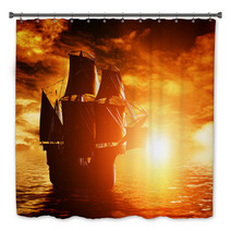 Ancient Pirate Ship Sailing On The Ocean At Sunset Bath Decor 66004091